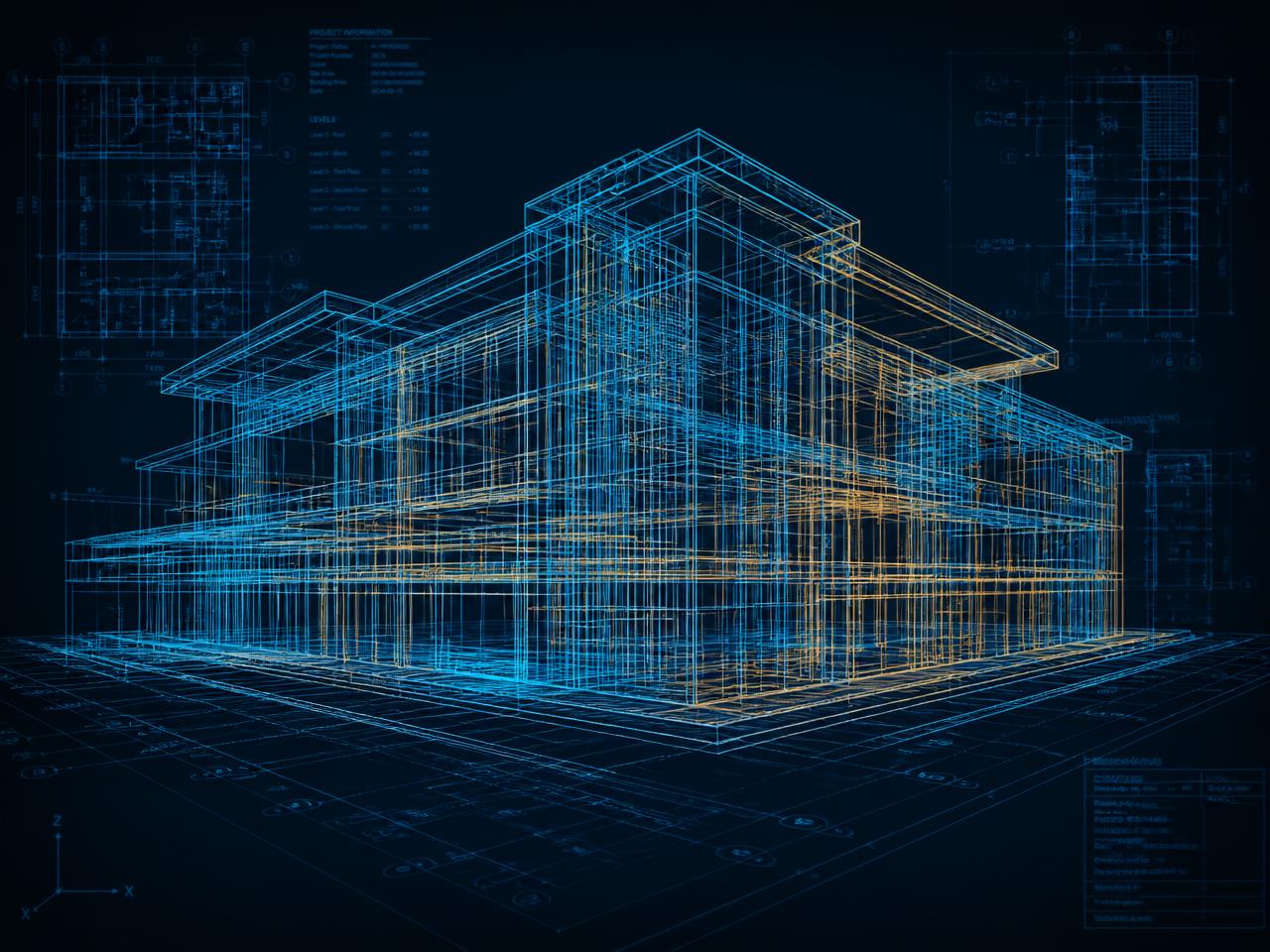 Modelo BIM tridimensional de una edificación sobre planos técnicos